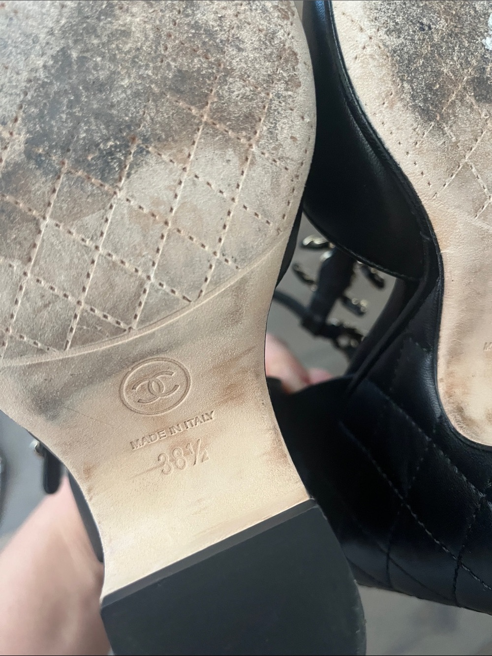 CHANEL Black Leather Chain-Detail Slingback Heels - Picture 7 of 7